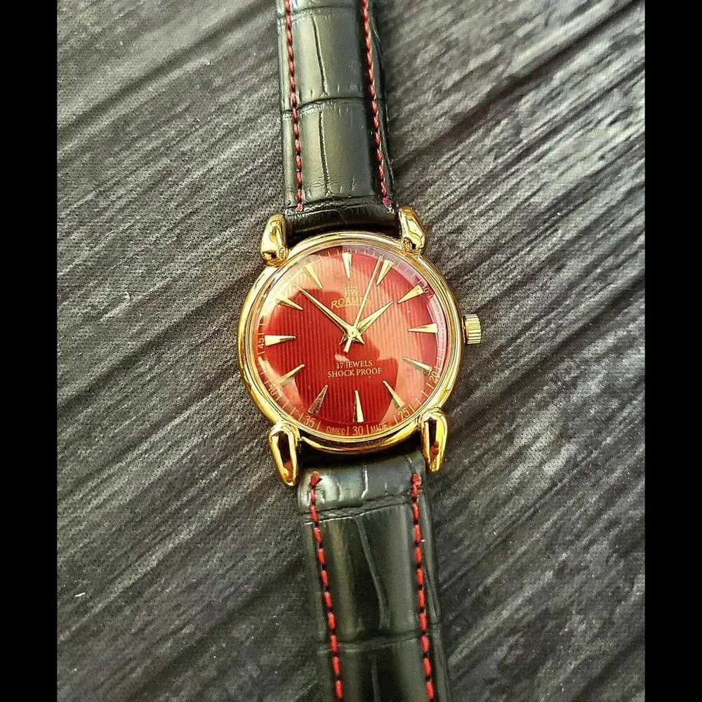 Rare Roamer Brevete Swiss Manual Mens Watch Gld Red Blk‎