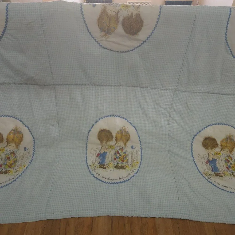 Vintage 70s Petticoats and Pantaloons Blue Gingham Quilt Comforter Full Size