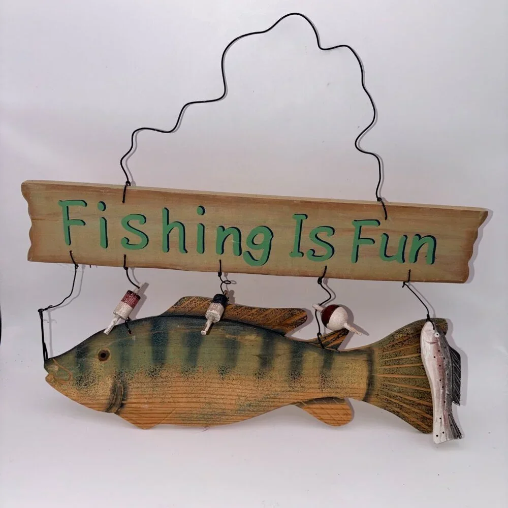 FISHING IS FUN Wooden Wall Sign | Nautical Fish Decor | Rustic Coastal Hanging
