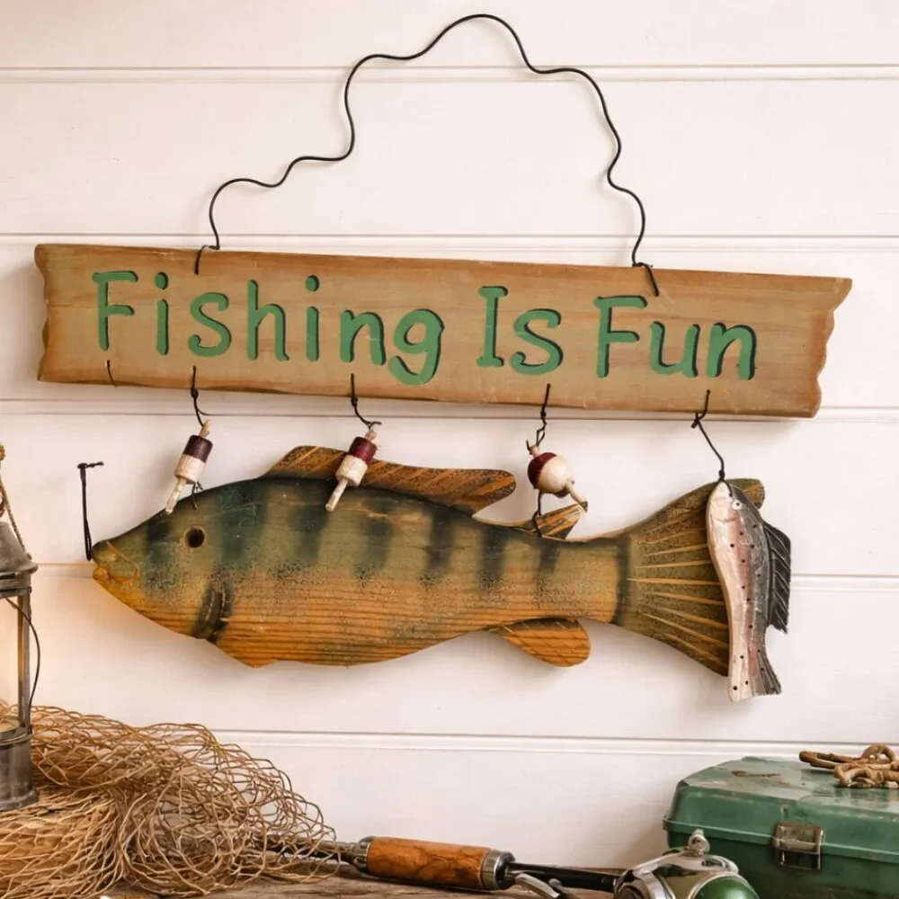FISHING IS FUN Wooden Wall Sign | Nautical Fish Decor | Rustic Coastal Hanging