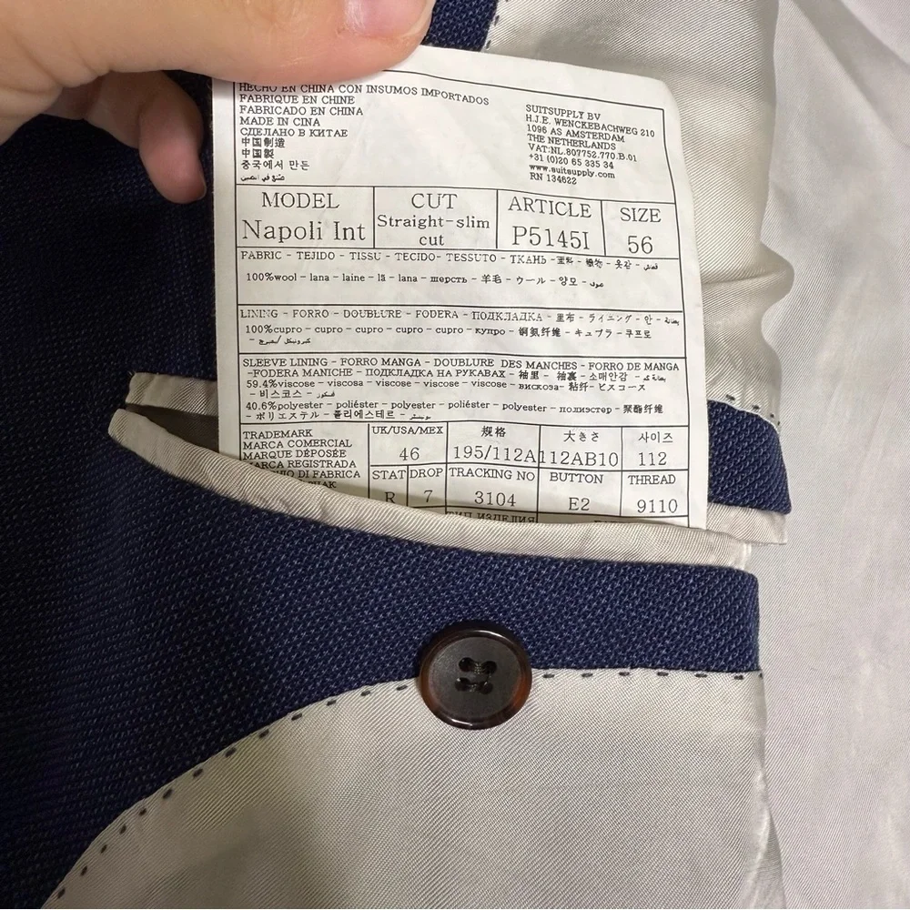 Suitsupply Napoli Jacket Size 46 US Slim Straight Cut Navy Blue 100% Wool