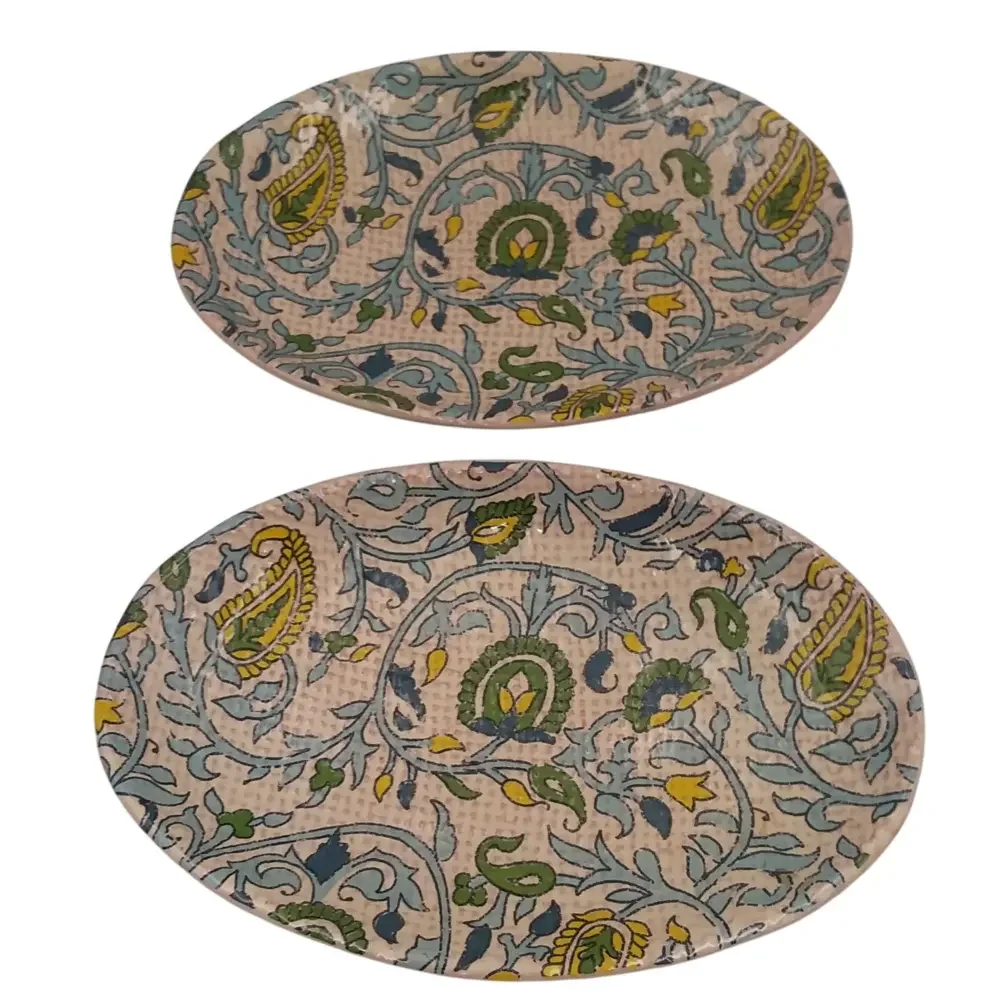 Set of 2 Pottery Barn Oval Salad Plates Blue Beige Paisley‎ Floral Accent Dishes