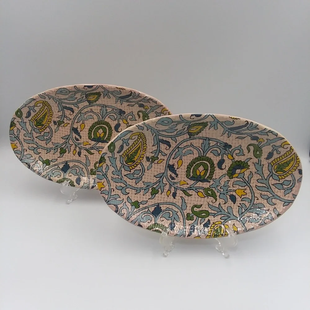 Set of 2 Pottery Barn Oval Salad Plates Blue Beige Paisley‎ Floral Accent Dishes