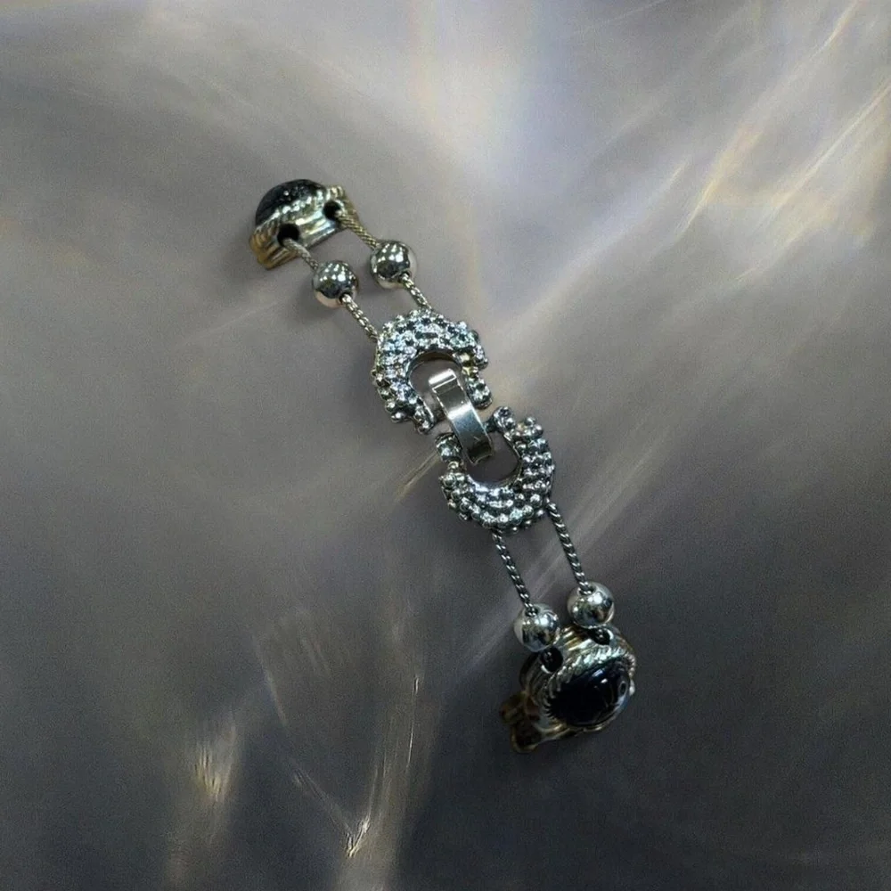 Vintage Silver-Tone Black Cabochon Scarab‎ Statement Bracelet