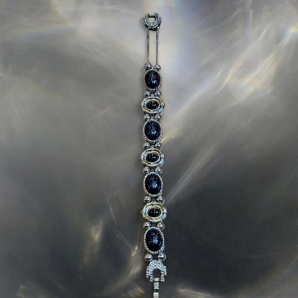 Vintage Silver-Tone Black Cabochon Scarab‎ Statement Bracelet