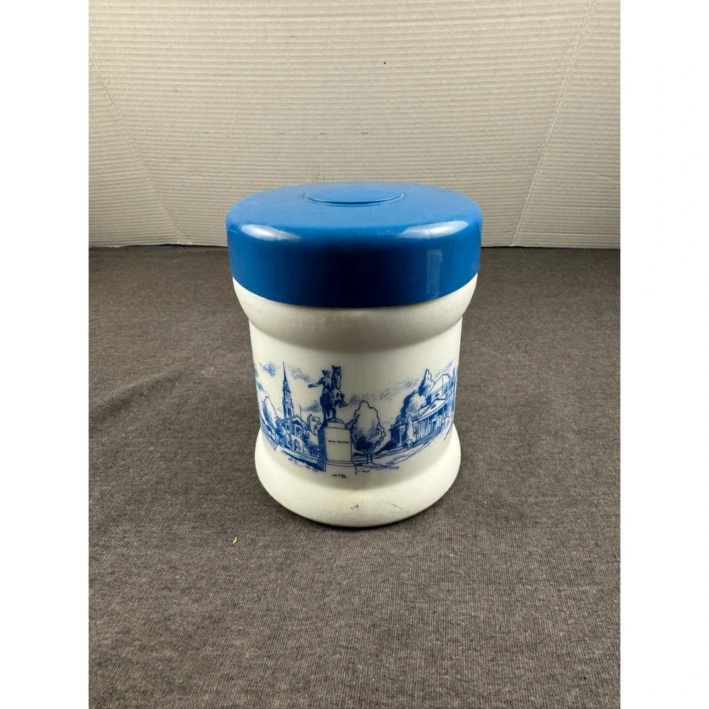 Vintage Blue White‎ Ceramic Canister Pot Holder with Scenic Landscape Design