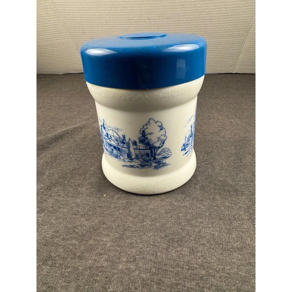 Vintage Blue White‎ Ceramic Canister Pot Holder with Scenic Landscape Design