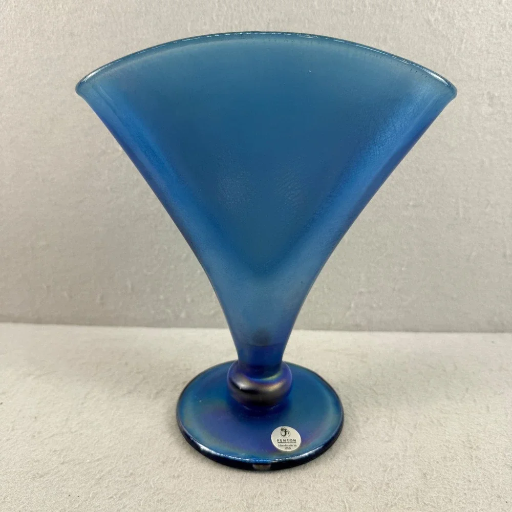Fenton MMA Blue Satin Iridescent Stretch Glass Fan Vase Handmade‎ in USA 8 Inch