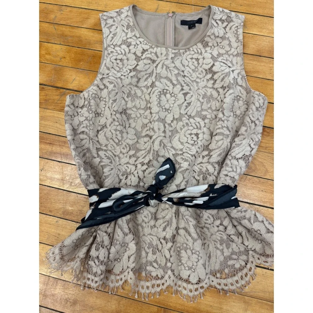 J.Crew‎ Taupe Floral Lace Sleeveless Peplum Top Size 6