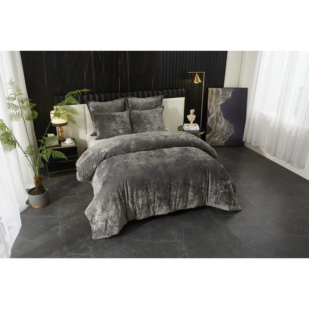 Zera Grey 100% Velvet 5 piece Comforter Set Queen