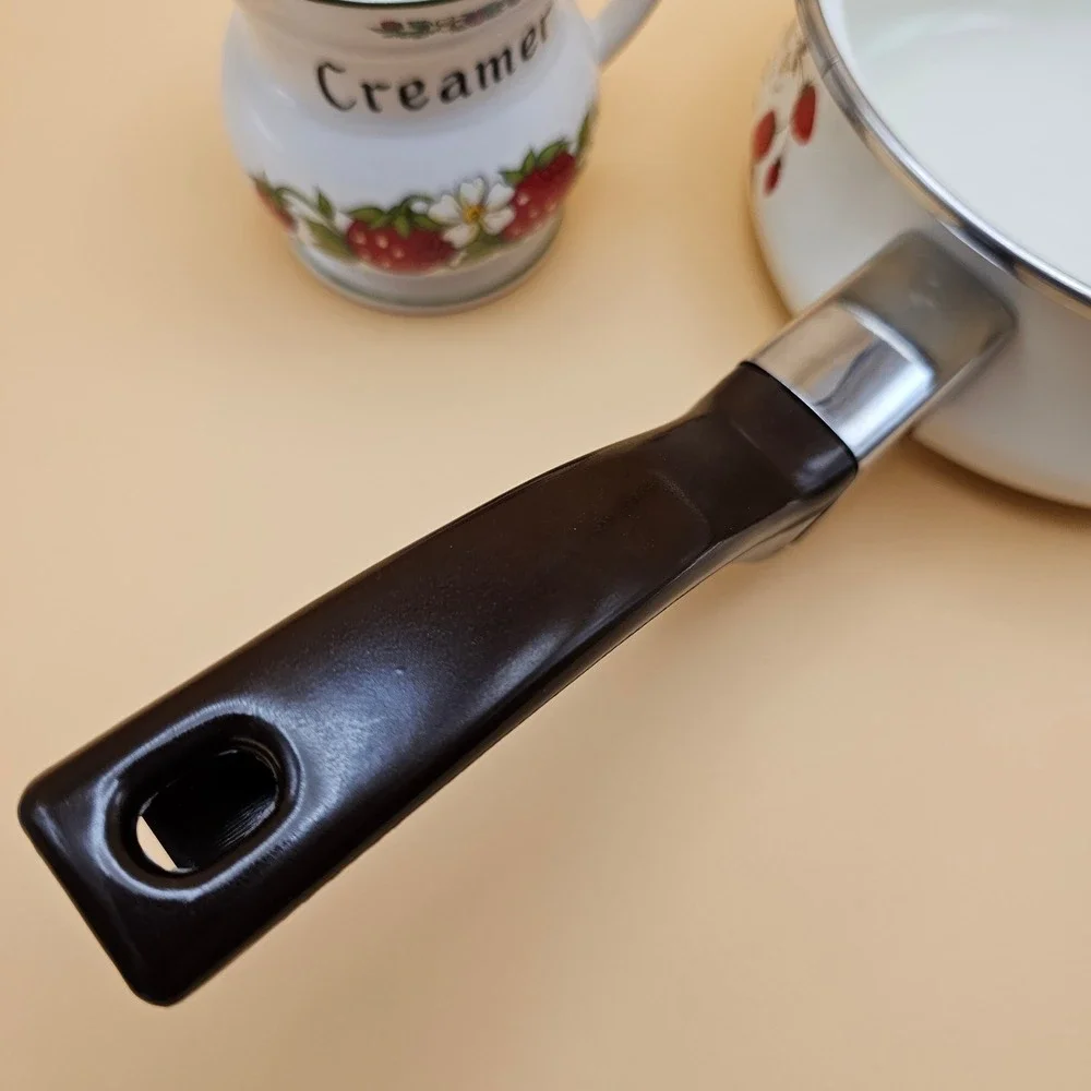 Sheffield Strawberries n‎ Cream Enamel Saucepan Pot with Creamer Pitcher Set
