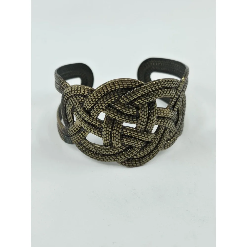Vintage Wide Bronze Celtic Knot Cuff Bracelet Snakeskin Textured Openwork Boho