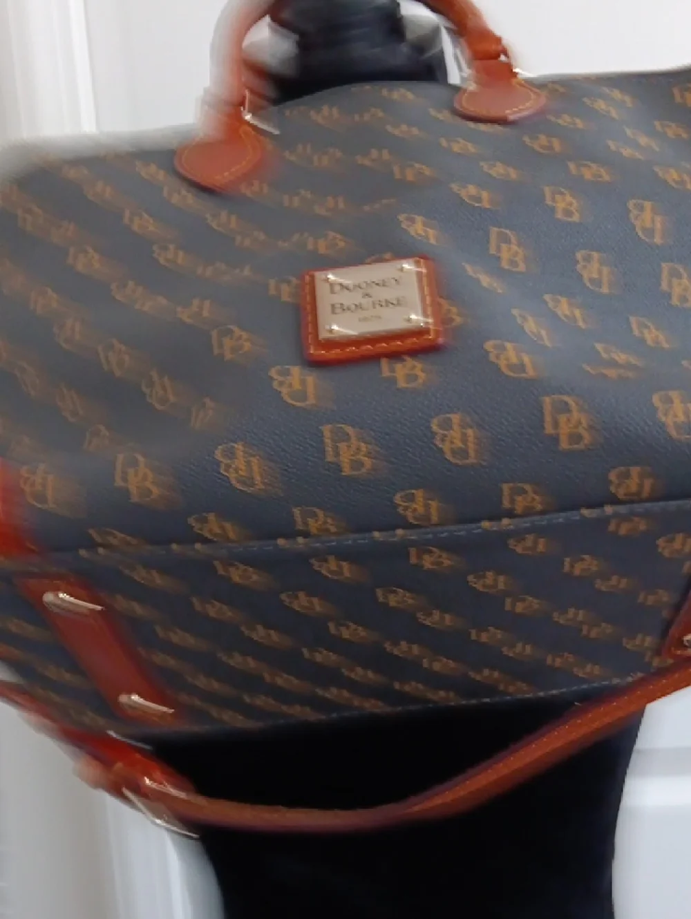 Dooney & Bourke Brown Monogram Handbag with Tan Leather Accents