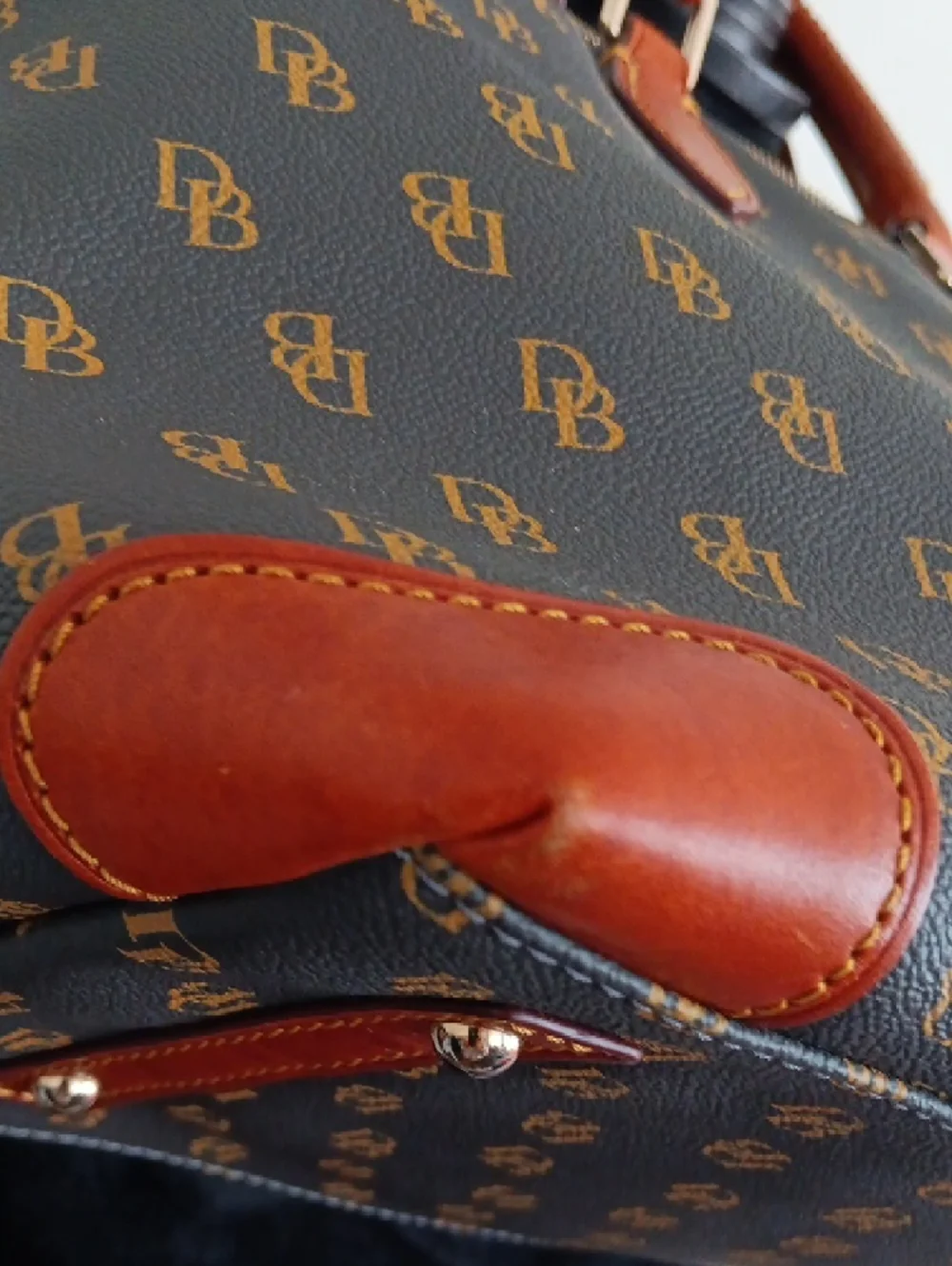 Dooney & Bourke Brown Monogram Handbag with Tan Leather Accents