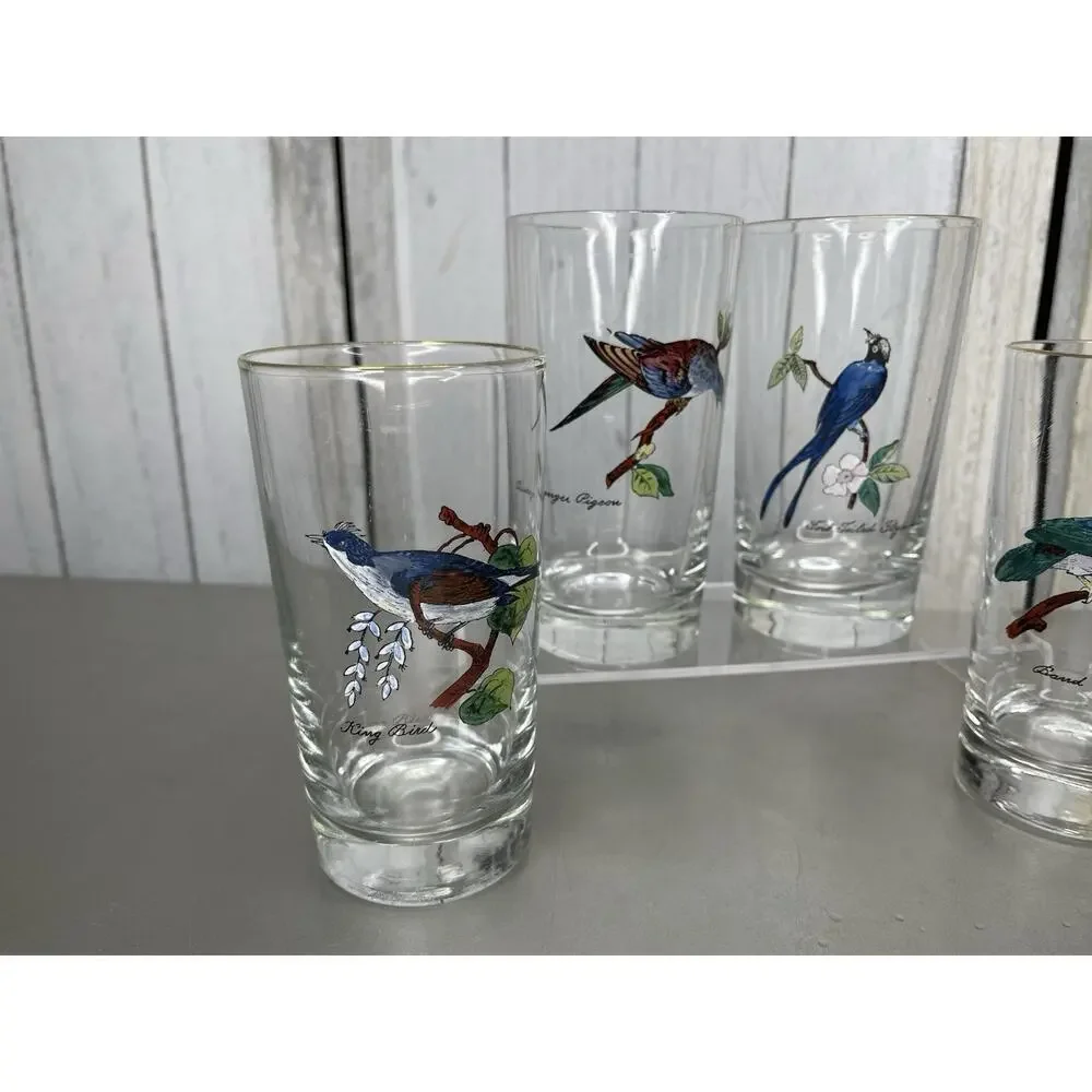 Vintage Set of 4 Hand Painted Bird Tumblers Drinking Glasses
