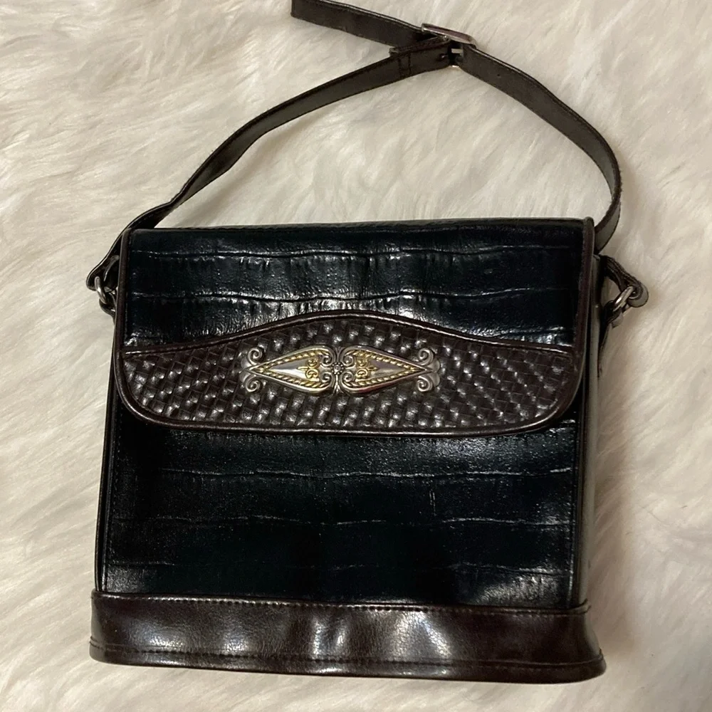 Vintage Marlo black leather‎ mock croc brown shoulder purse western bucket bag