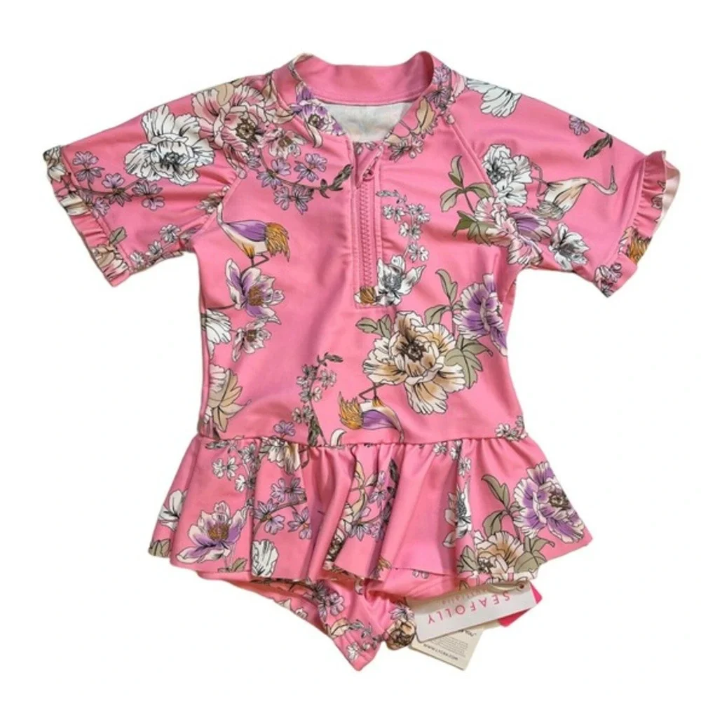 Seafolly Pink Floral Short Sleeve Boyleg Tank Size 2‎ New
