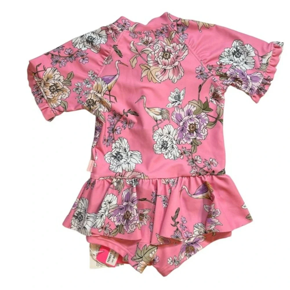 Seafolly Pink Floral Short Sleeve Boyleg Tank Size 2‎ New