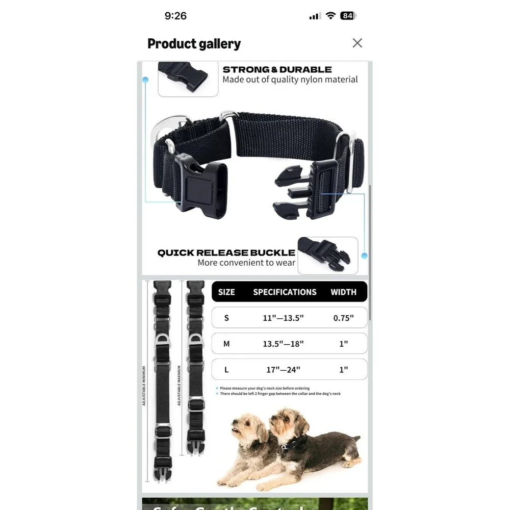 Martingale Dog Collar - Training Collar Adjustable Black Large 1 Inch