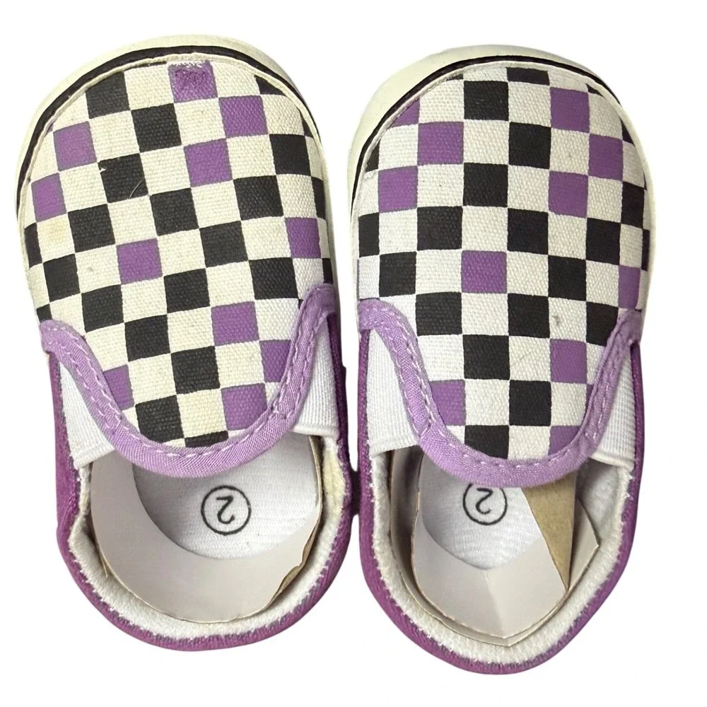 Checkerboard Crib Shoes Unisex Girls Size 2 Purple Black White Skate Casual Soft