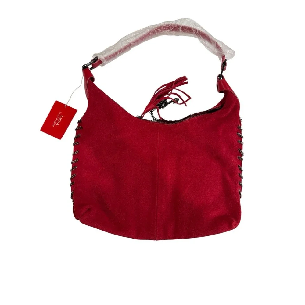 Laura Biagiotti  Red Suede Hobo Shoulder Bag NWT Color Pink Pepper