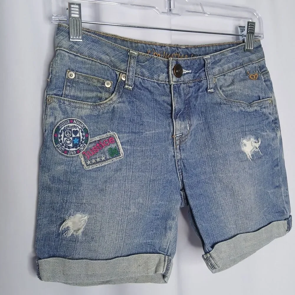 Justice Jeans Distrssed Denim Shorts Patches Cuffed Mid Rise Youth Kids Girls 14