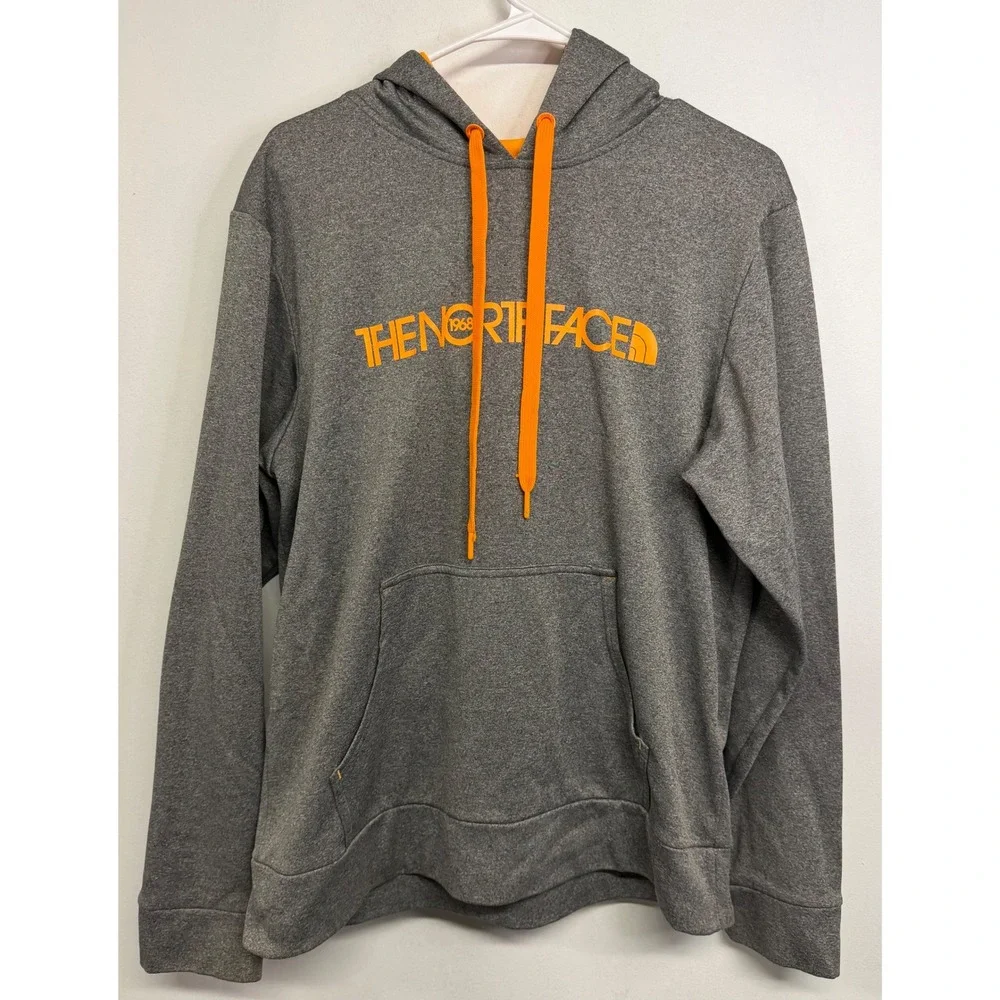 The North Face Mens Gray Orange Logo Pullover Hoodie Sweatshirt Medium TC2D