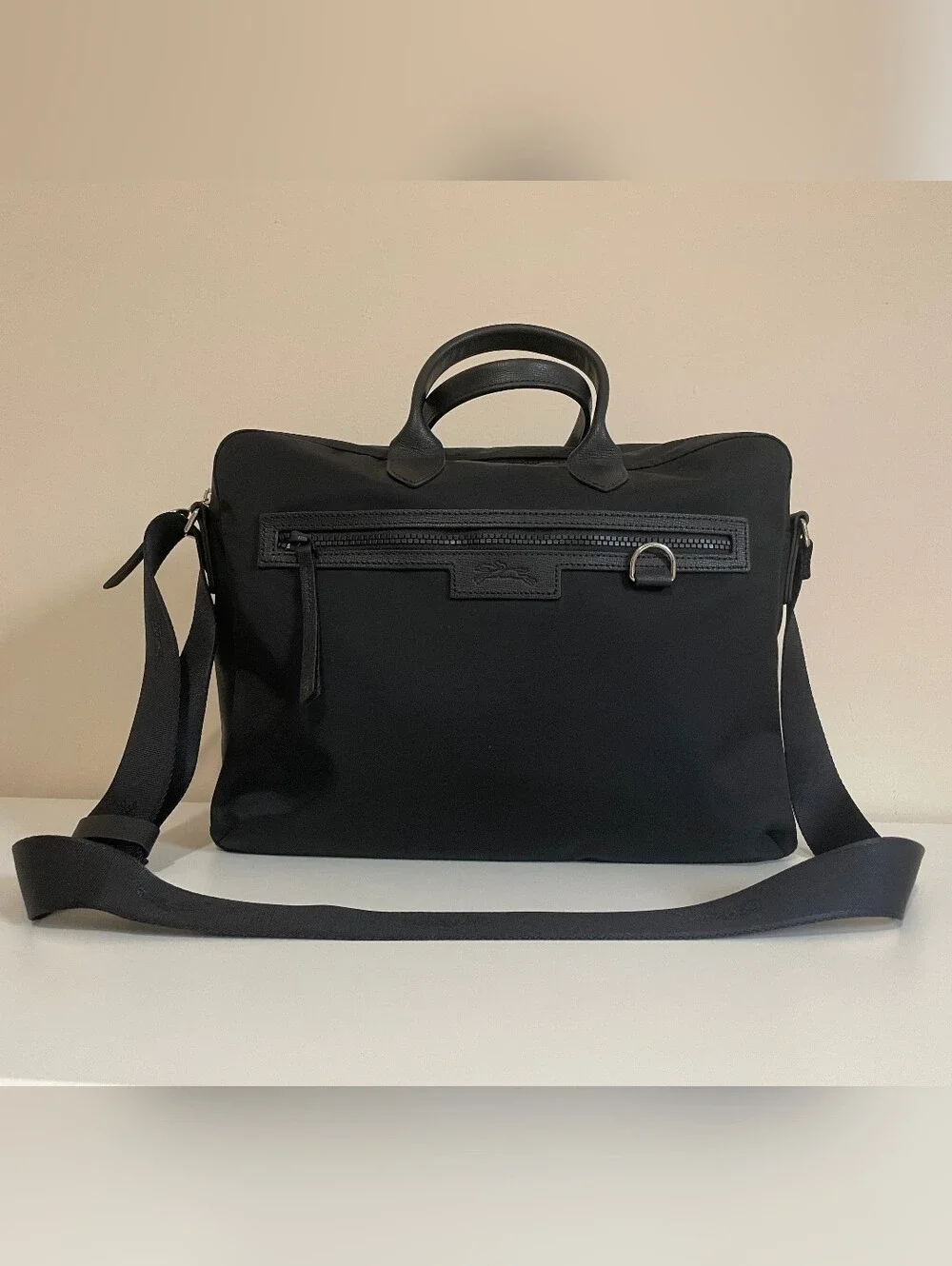 Longchamp Black Cowhide Leather Trim Briefcase with Shoulder Strap