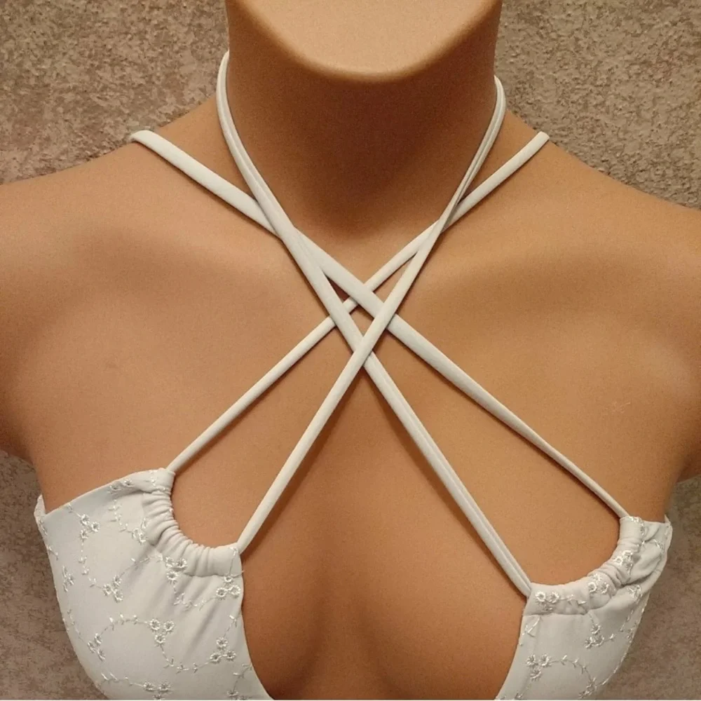 La Hearts White Embroidered Halter Bikini Top