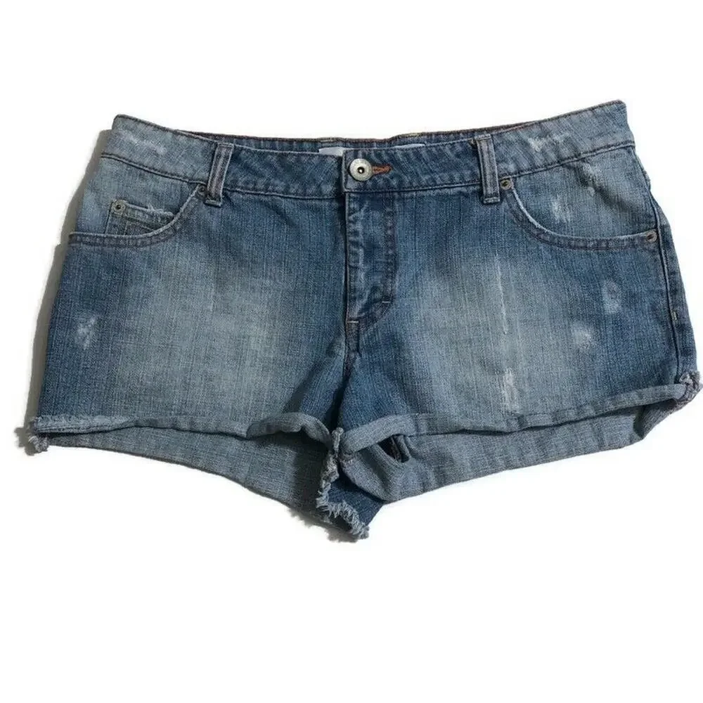 Mossimo Womens Juniors Sz 13 Mid Rise Distressed Raw Hem Denim Blue Jean Shorts