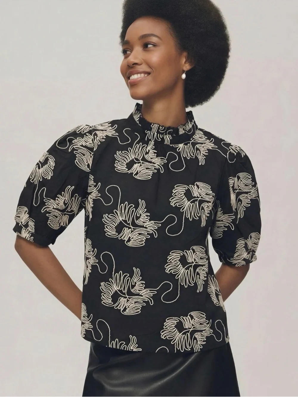 New with tags, Zara Black Floral Puff-Sleeve Blouse with Mock Neck