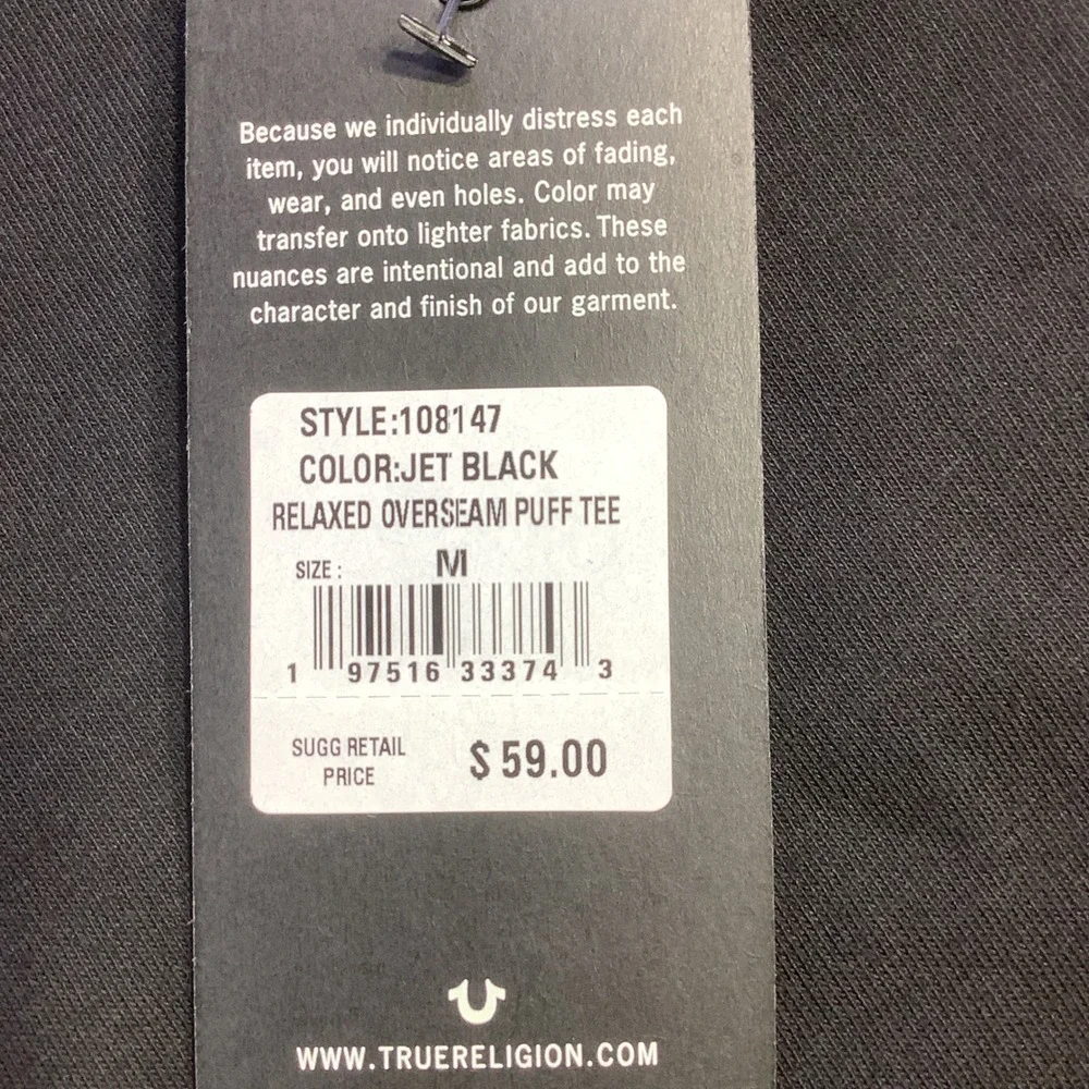 True Religion Mens‎ Relaxed Fit Overseam Puff Tee Shirt Black Size M NWT
