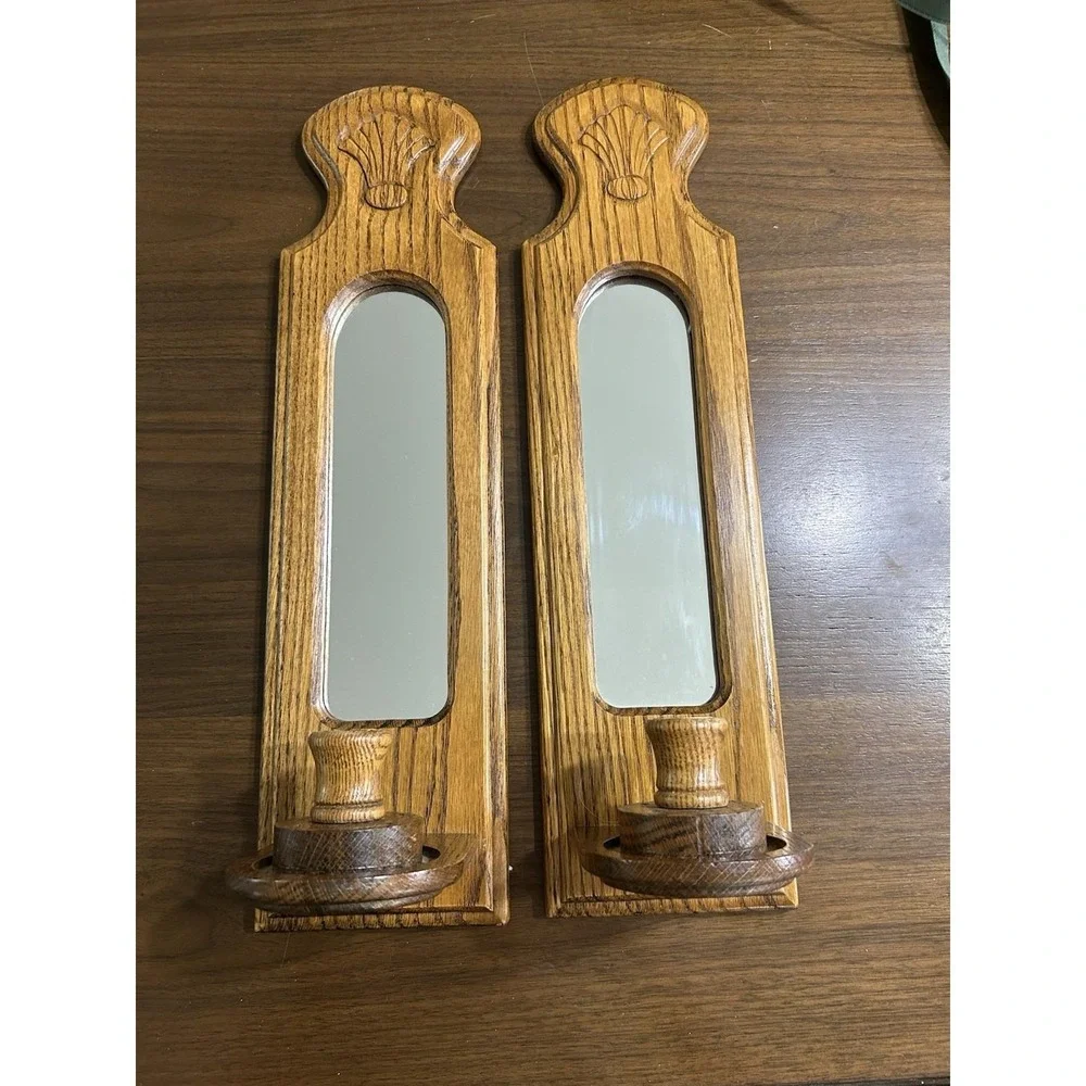 Vintage Oak Wood Mirrored Wall Sconces - Pair
