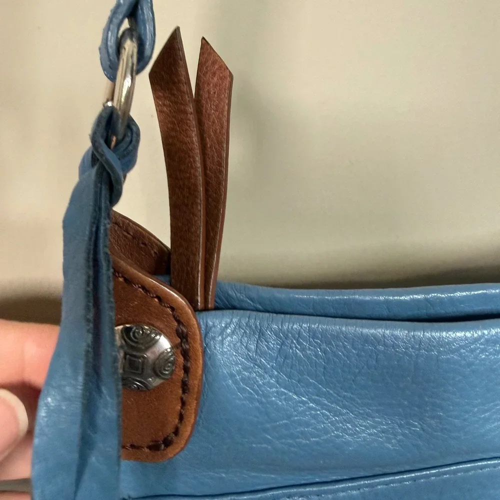 Brighton Shiloh Africanz Blue Pebbled Leather Crossbody Organizer Bag