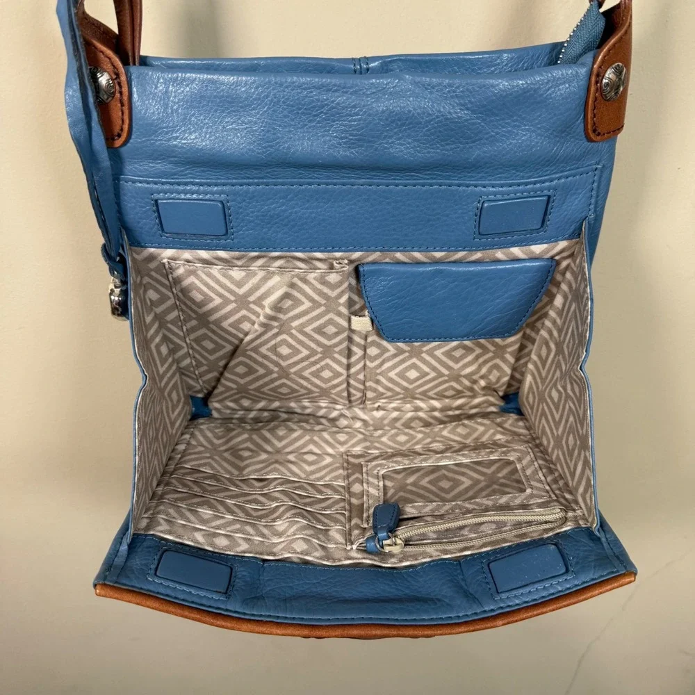 Brighton Shiloh Africanz Blue Pebbled Leather Crossbody Organizer Bag
