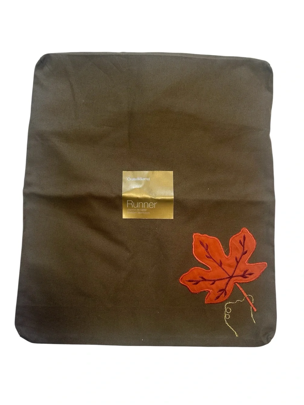 Crate & Barrel Cotton Pillow Cover Brown Embroidered Fall Leaf New 14x16