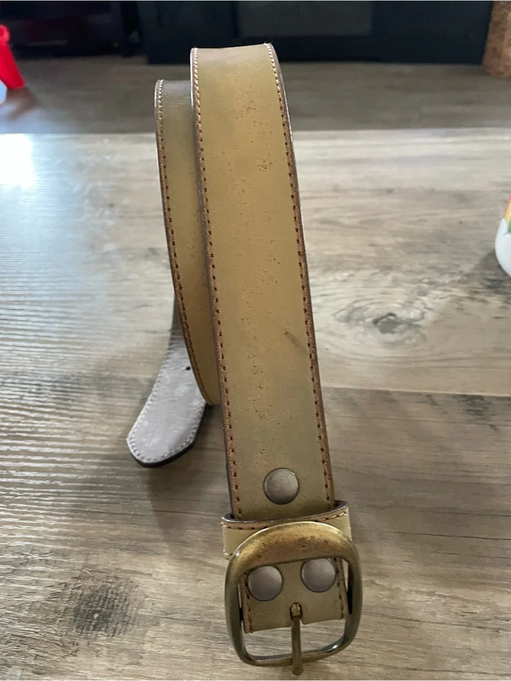 Vintage genuine classic Italian leather olive belt rectangular brass buckle Lg