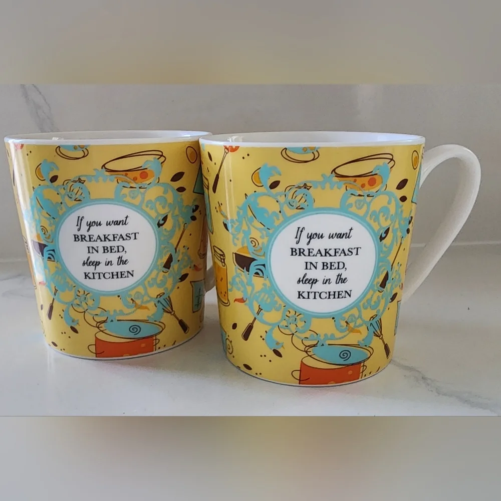 Rare Discontinued Pier 1 Breakfast In Bed Porcelain Mugs Set Of Two‎ 16 Oz