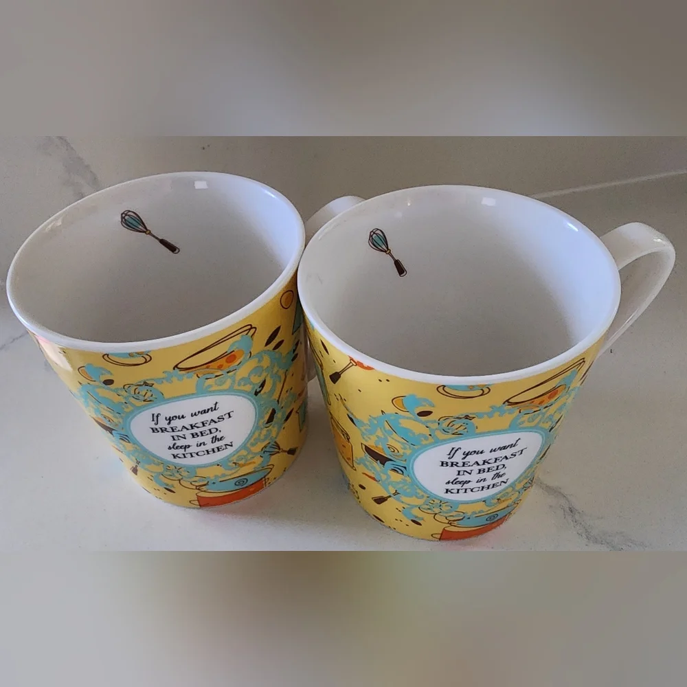 Rare Discontinued Pier 1 Breakfast In Bed Porcelain Mugs Set Of Two‎ 16 Oz