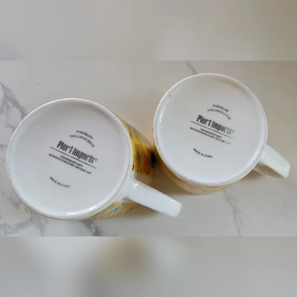 Rare Discontinued Pier 1 Breakfast In Bed Porcelain Mugs Set Of Two‎ 16 Oz