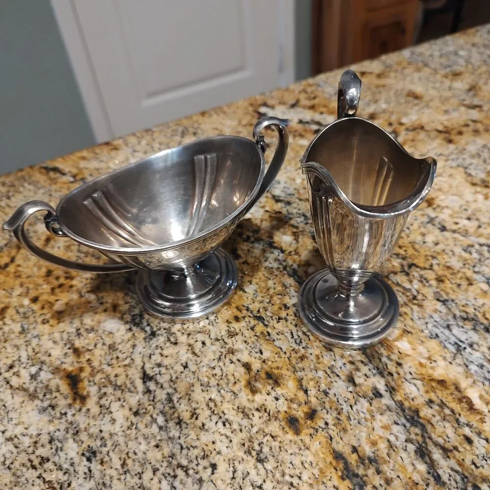 Evans EPNS Silverplate Art Deco Footed Pitcher-Style Creamer And Sugar X11