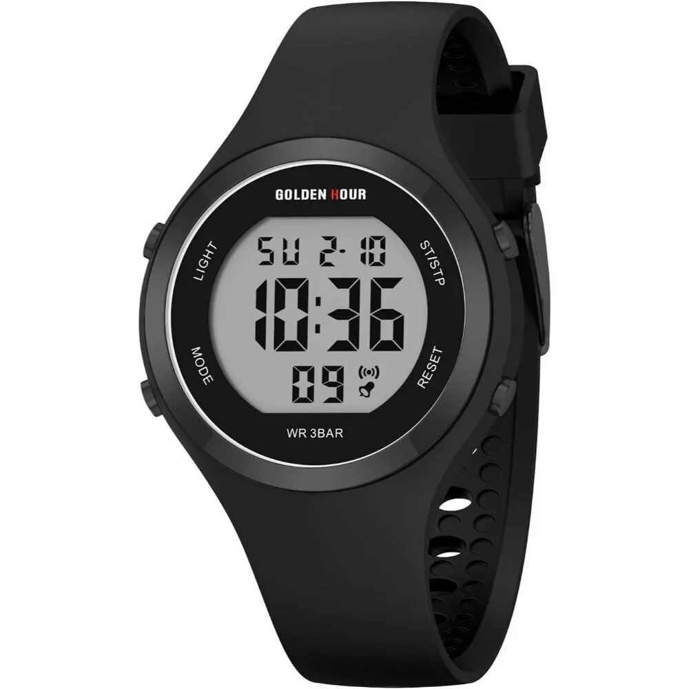 Unisex Black Silicone Digital Sports Water-Resistant Classic Alarm Stopwatch