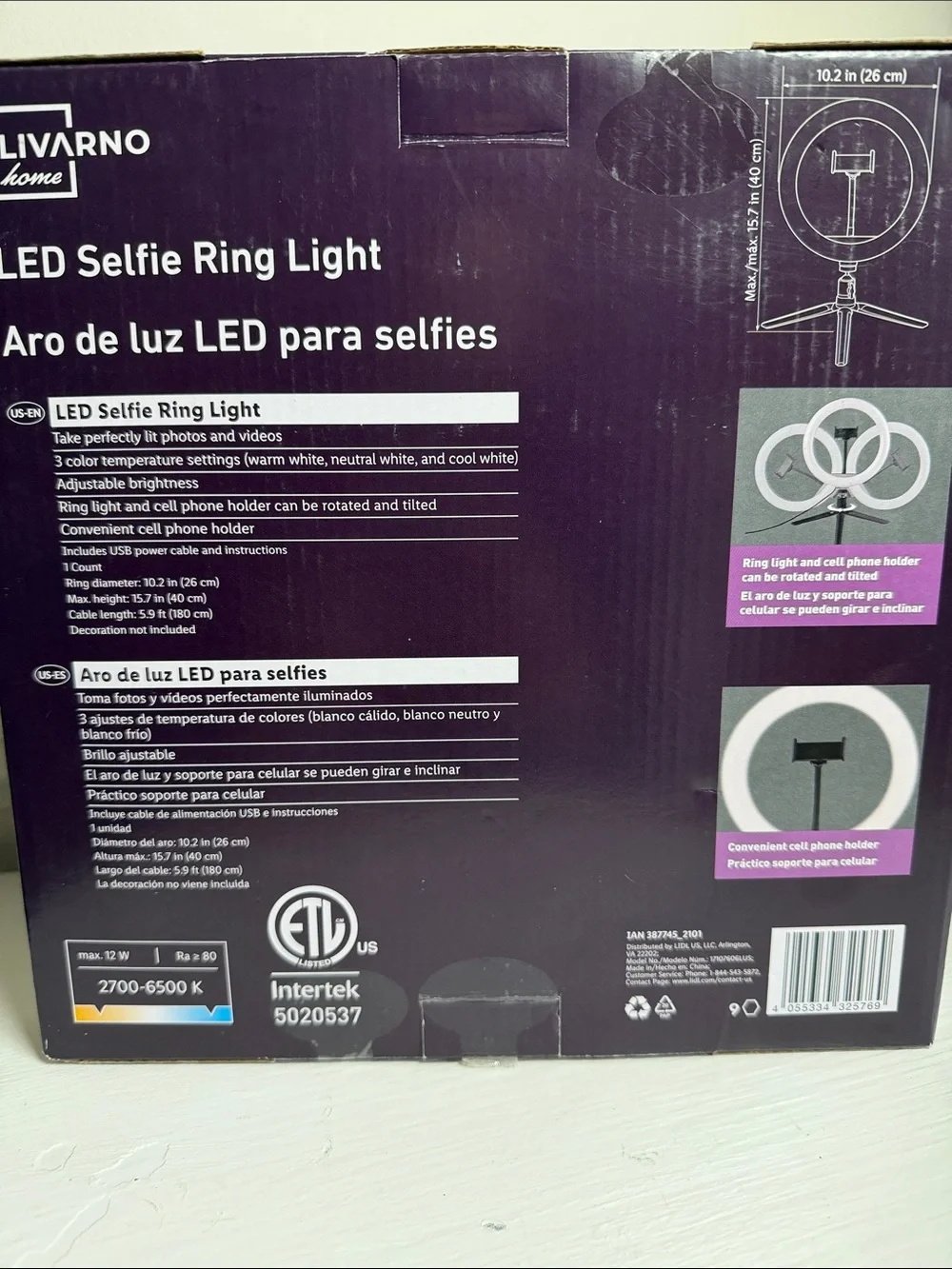 Livarno Home LED Selfie Ring Light with Tripod – 10.2”. New in Box!