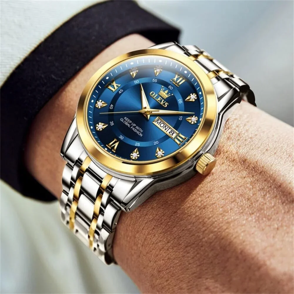 Olevs Men's Gold and Blue Stainless Steel Man Watch Luminous Stylish Watch