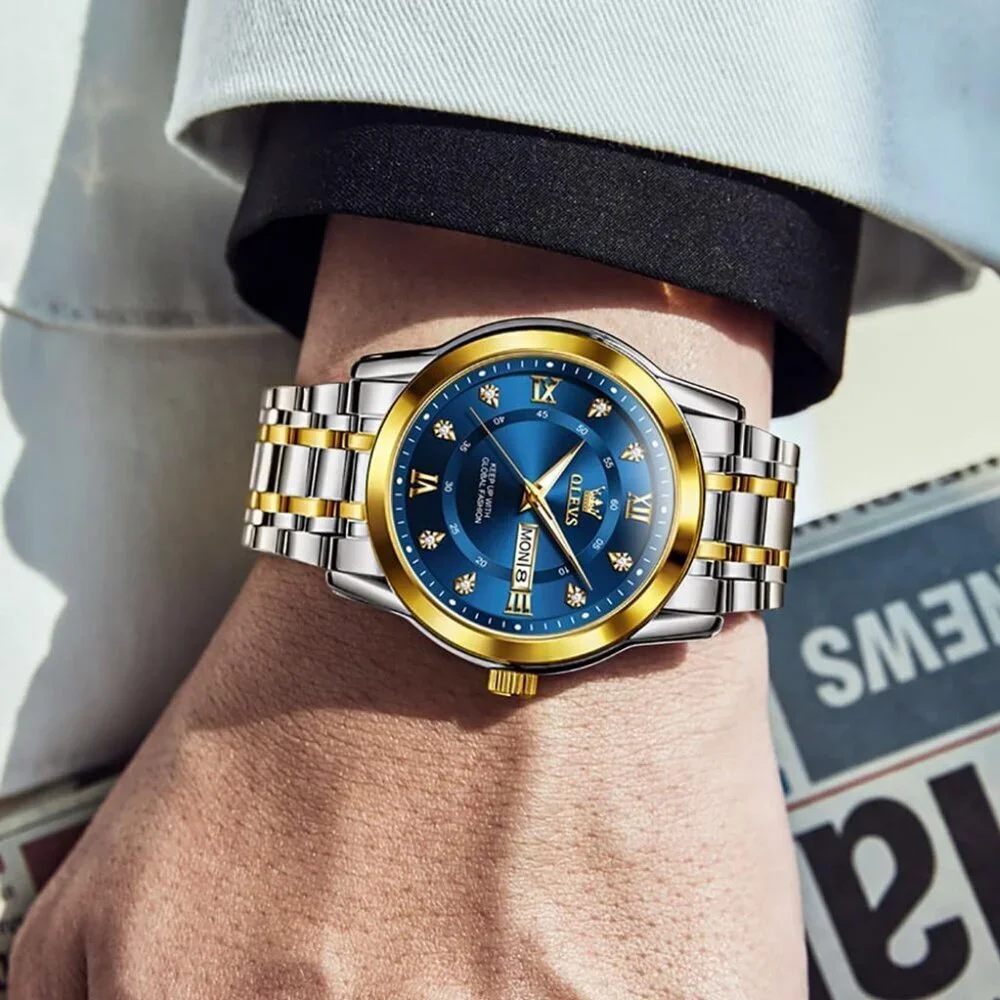 Olevs Men's Gold and Blue Stainless Steel Man Watch Luminous Stylish Watch
