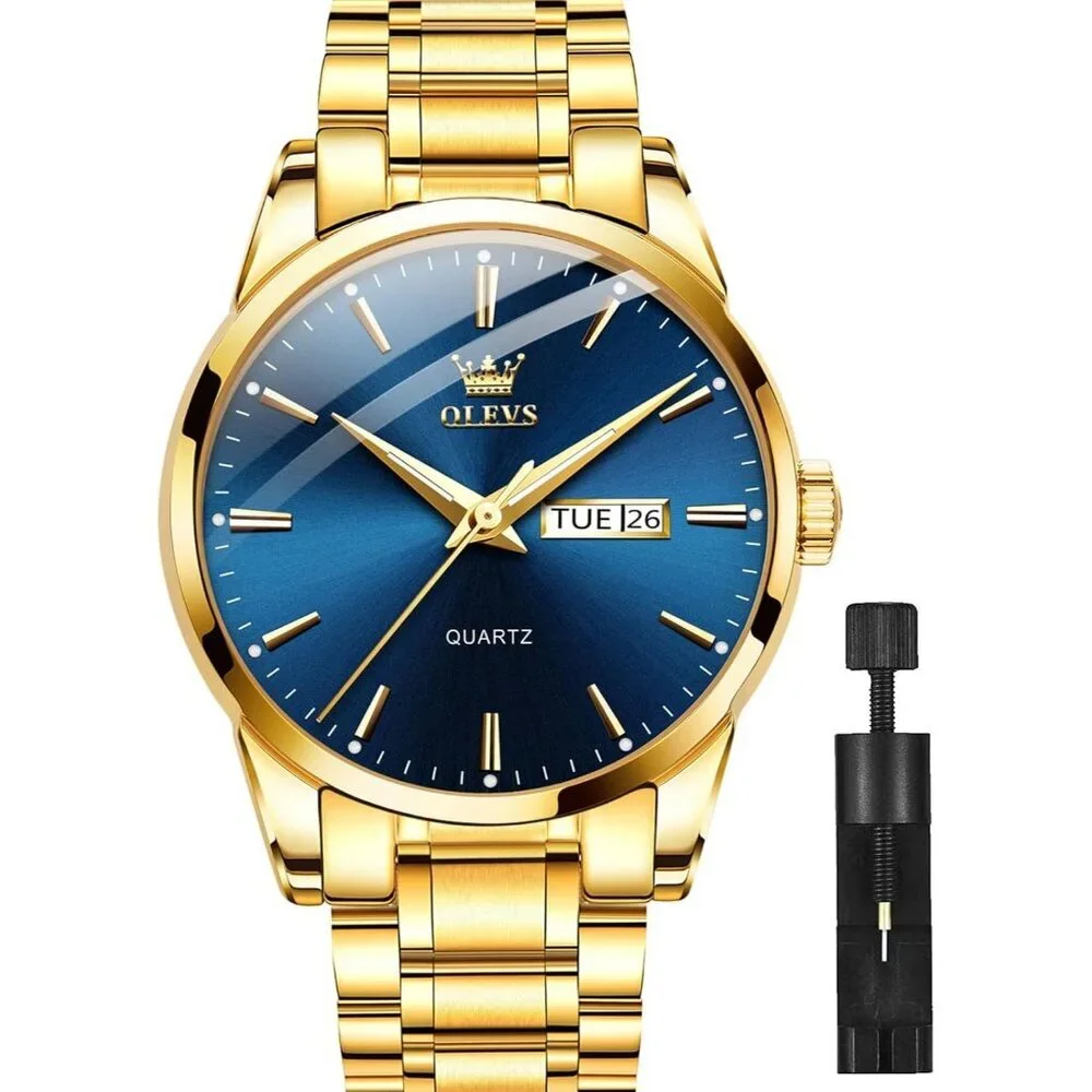 Olevs Men's Gold Steel Blue-Dial Waterproof Stainless Luminous Stylish Watch