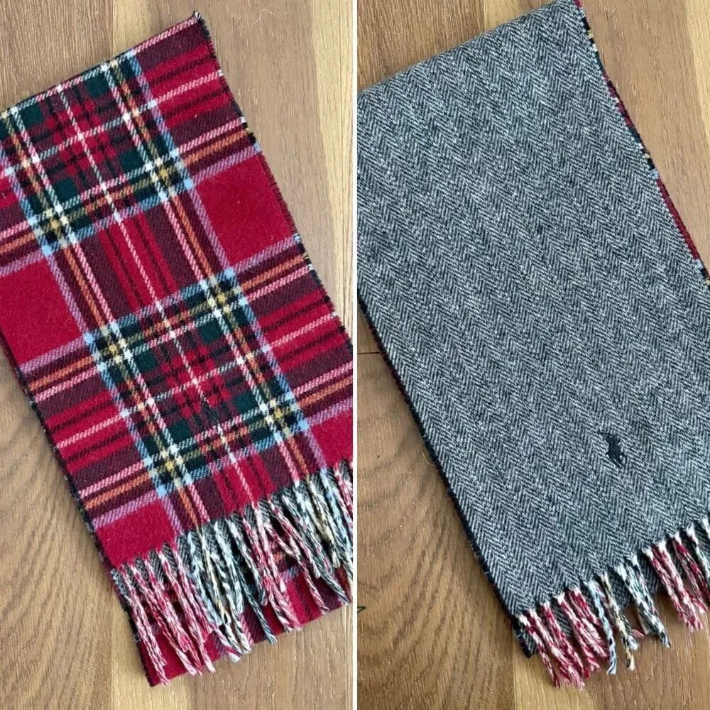Polo Ralph Lauren Reversible Lambswool Red Plaid Grey Herringbone Scarf