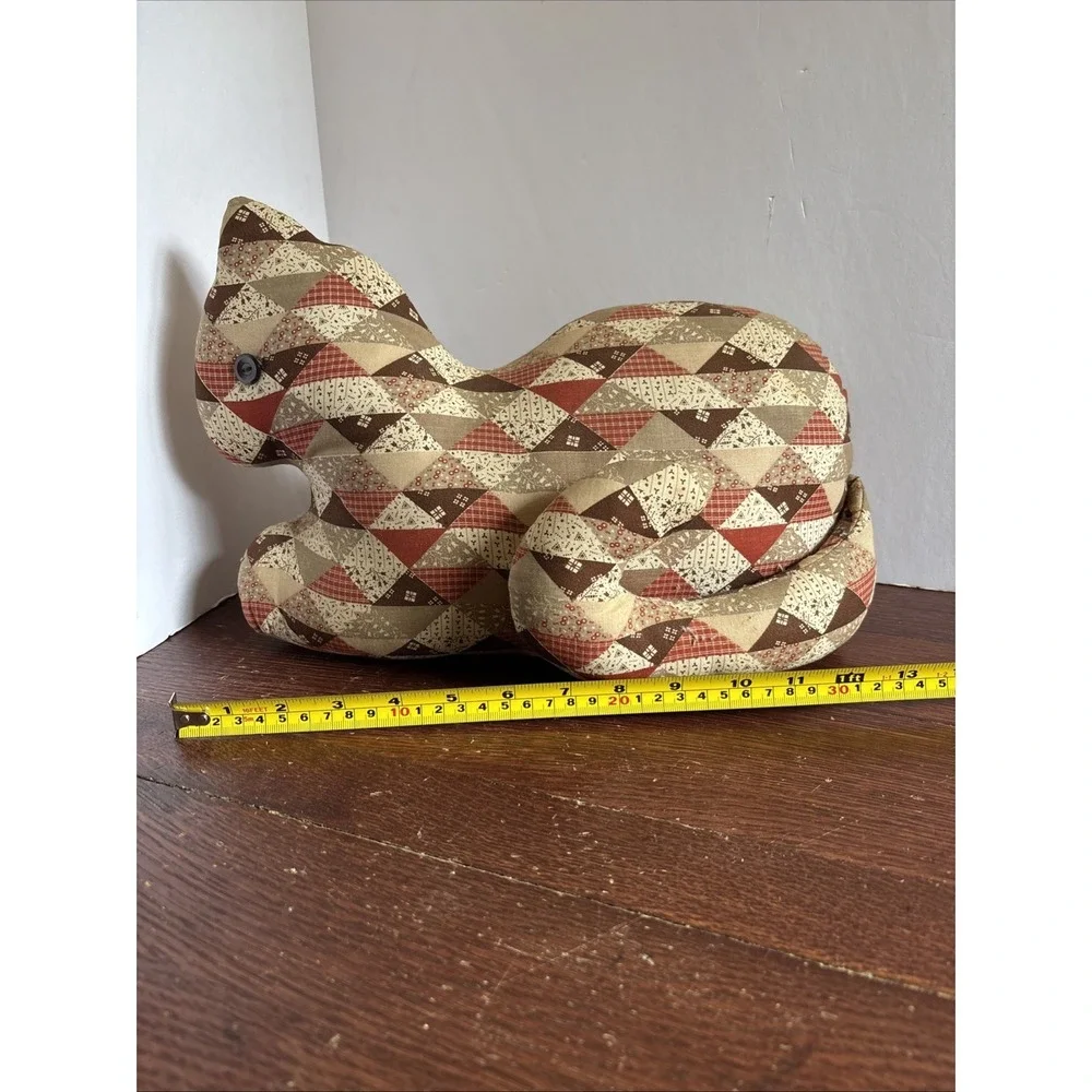 Vintage Hand Made Patchwork Linen Laying Cat Plush Door Stop Couch Laying Kitty