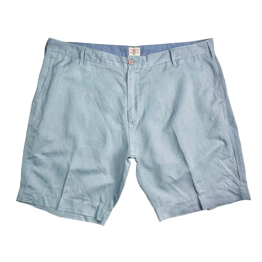 Faherty | Men | Malibu Teal Linen Cotton Blend Flat Front Chino Shorts | Size 40