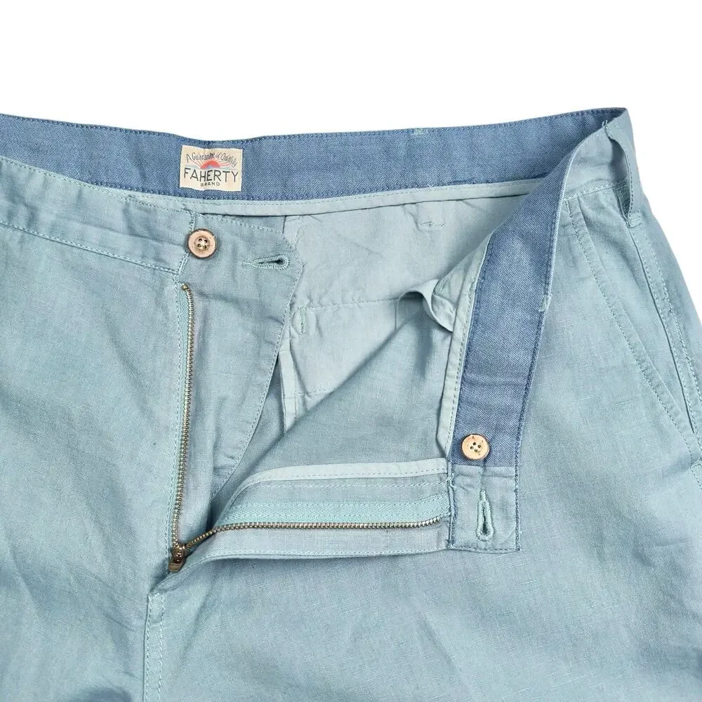 Faherty | Men | Malibu Teal Linen Cotton Blend Flat Front Chino Shorts | Size 40